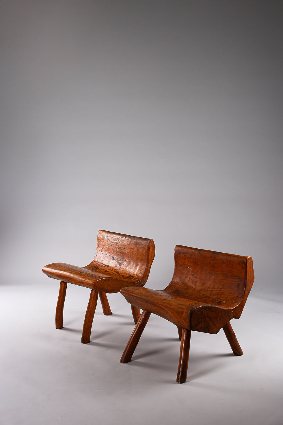 Thumbnail: Pair of early 20th century brutalist hand carved pine chairs