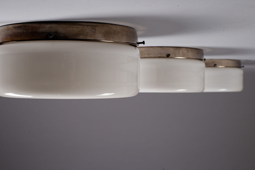 Paavo Tynell, set of three 1930s opaline glass flush mounts, Taito Oy