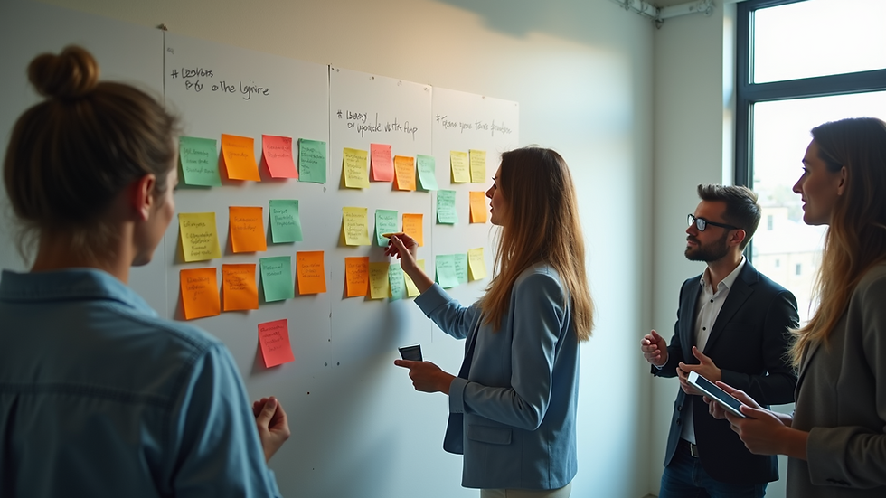 High angle view of a marketing team brainstorming with sticky notes on a wall