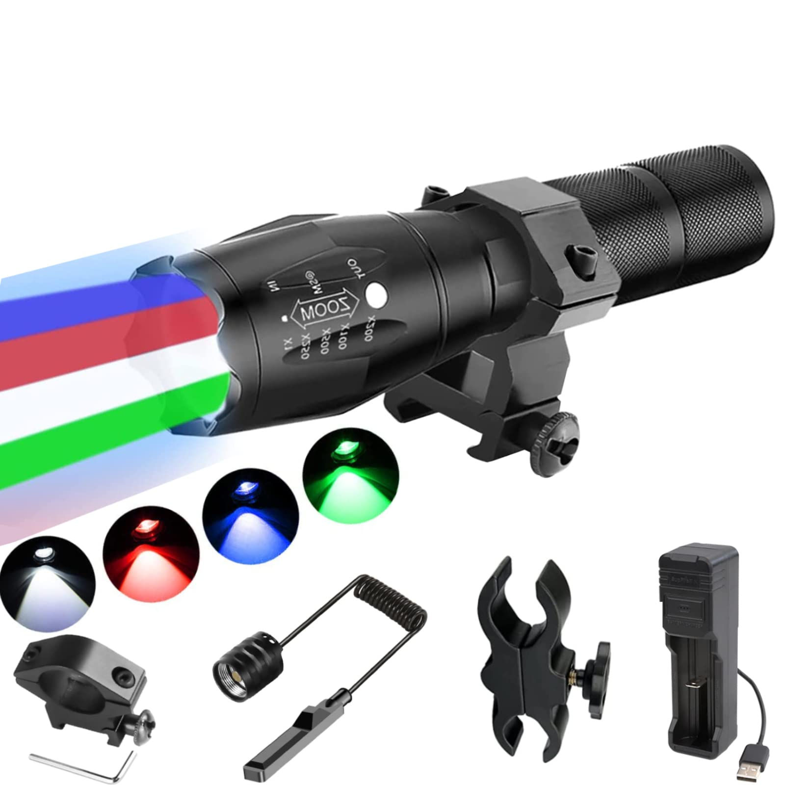 4 Color in 1 RGBW Lights LED Hunting FlashlighsTactical Flash Light with Univers