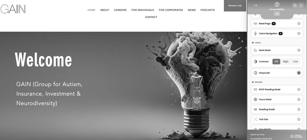 A screenshot of the GAIN public website showing the AXS toolbar overlay on the right hand side. The toolbar has a variety of accessibility options and has been altered to match the GAIN website brand colours. In this example, the site has been made greyscale