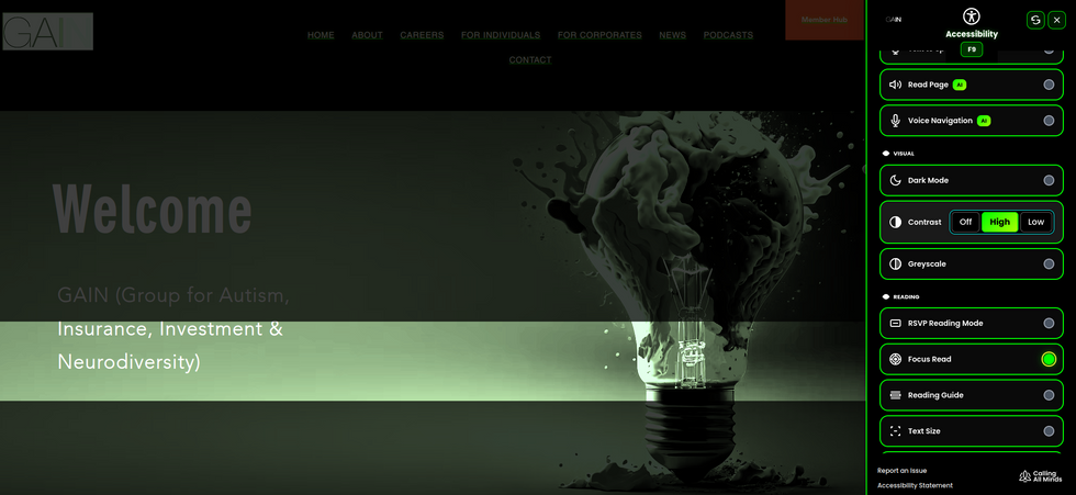 A screenshot of the GAIN public website showing the AXS toolbar overlay on the right hand side. The toolbar has a variety of accessibility options and has been altered to match the GAIN website brand colours. In this example, high contrast and focus read have been applied