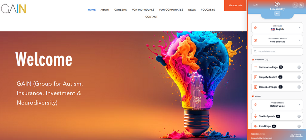 A screenshot of the GAIN public website showing the AXS toolbar overlay on the right hand side. The toolbar has a variety of accessibility options and has been altered to match the GAIN website brand colours. No accessibility filters have been applied.