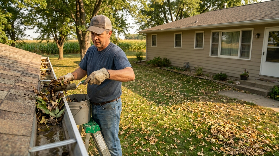 Cleaning gutters as part of Nebraska roof maintenance
