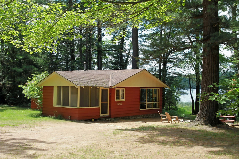 Bay View Cottage exterior with screened porch, picnic area, and forest setting.