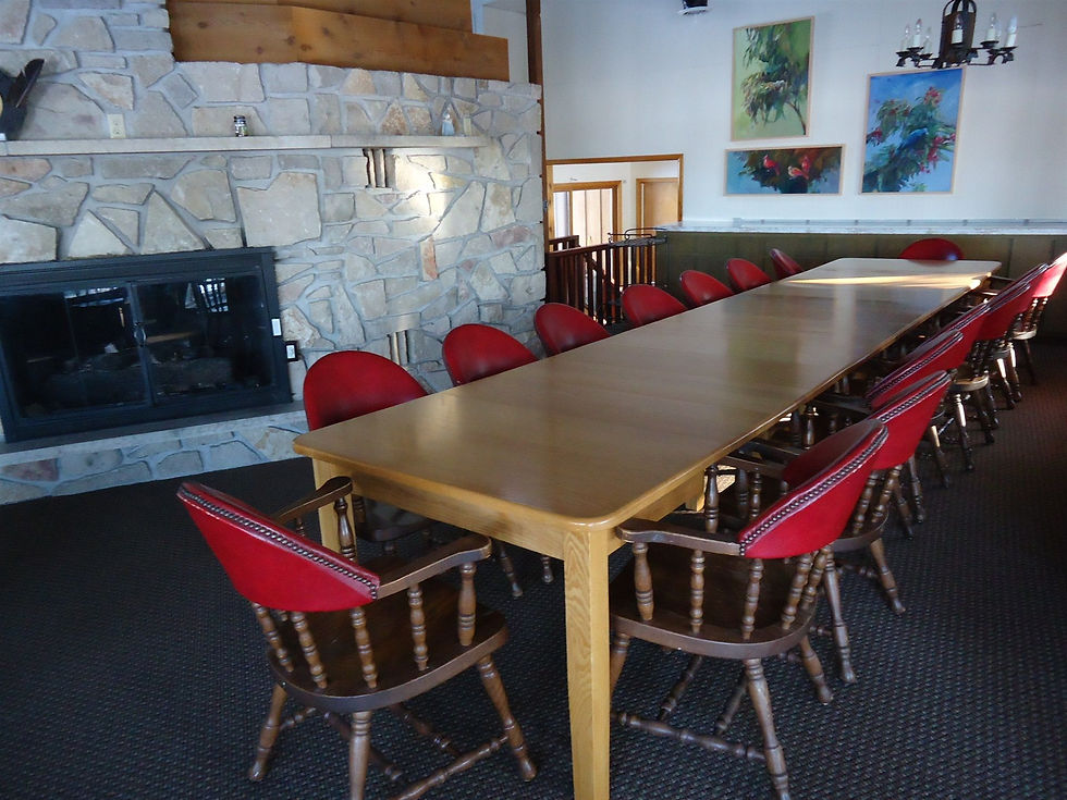 Long rectangular wooden table flanked by red-backed chairs next to a stone hearth and colorful artwork.