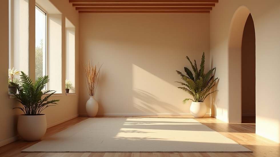 Eye-level view of a tranquil yoga space with soft lighting