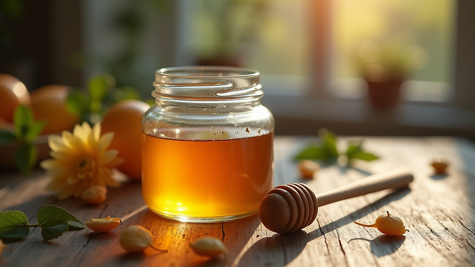 Close-up view of a jar of golden honey with a wooden dipper