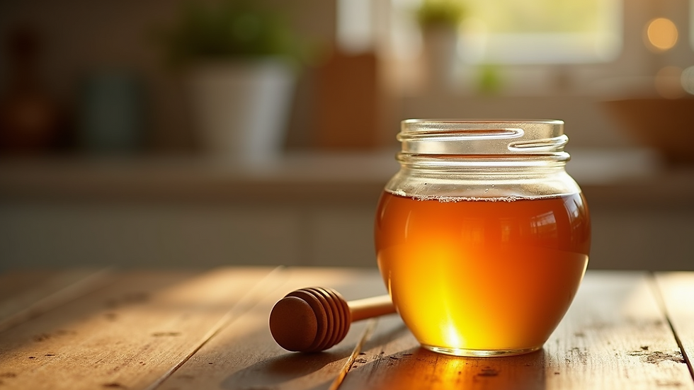 Close-up view of a jar of honey with a wooden dipper