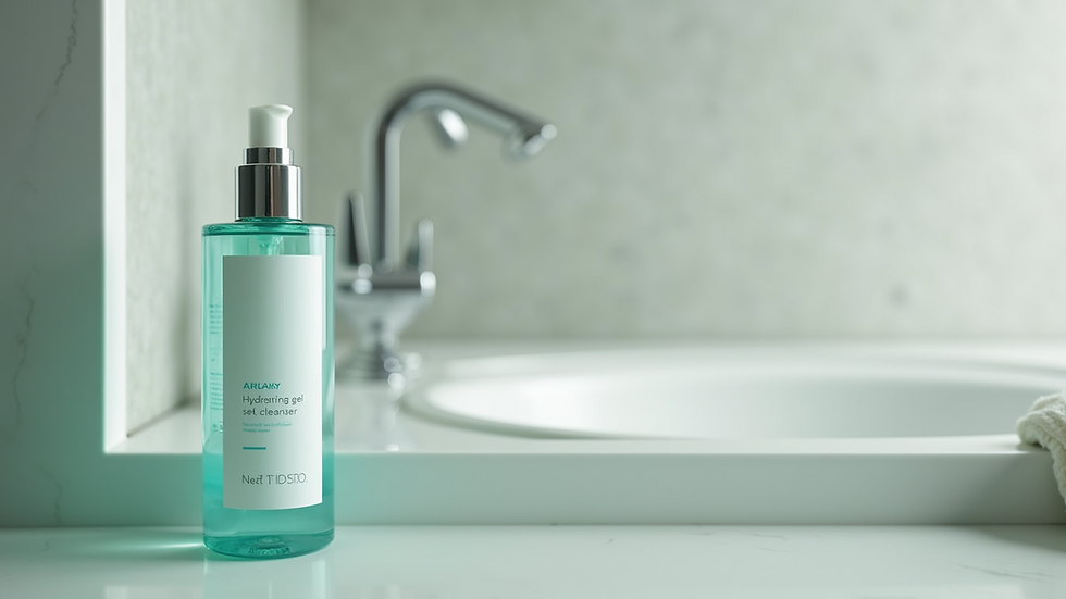 Close-up view of a hydrating gel cleanser bottle