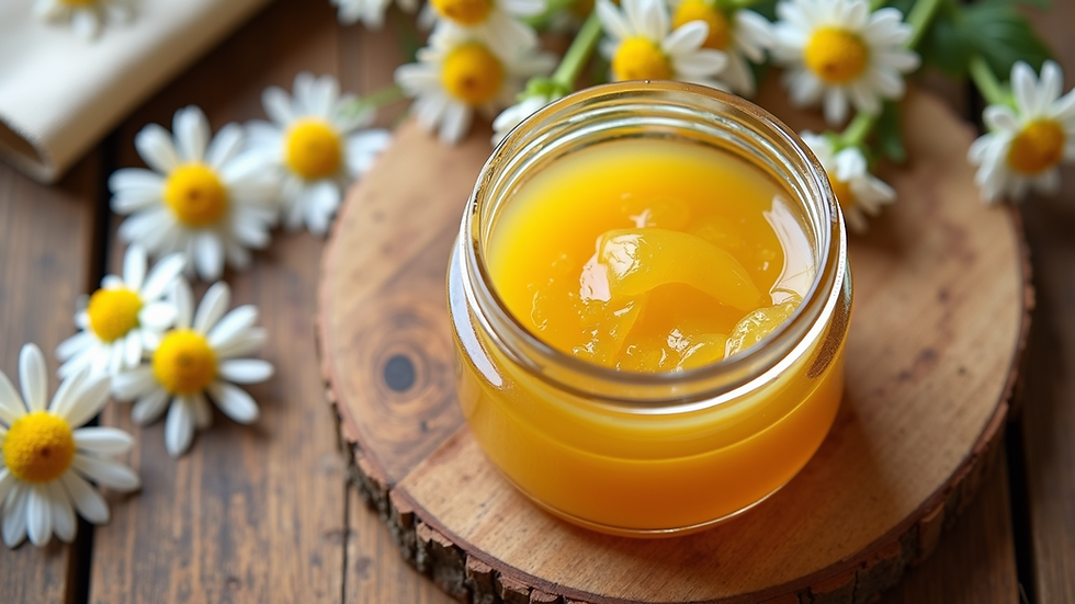 High angle view of a chamomile and honey mask on a wooden table