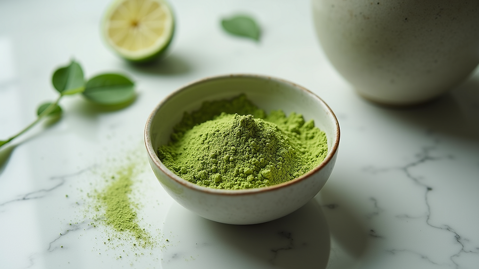 Eye-level view of a bowl of green matcha powder