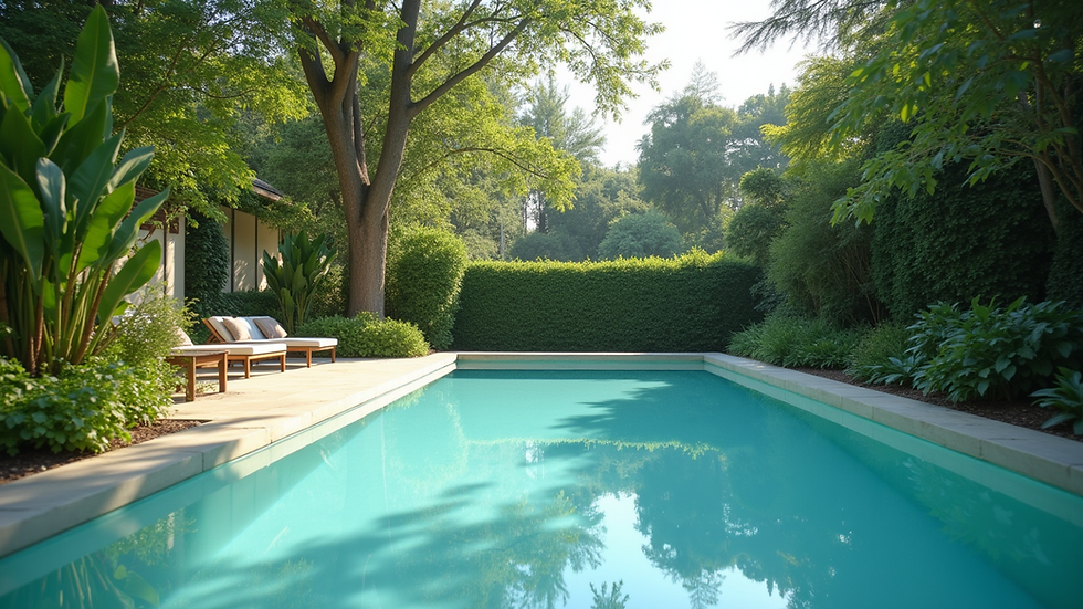 High angle view of a serene swimming pool surrounded by greenery