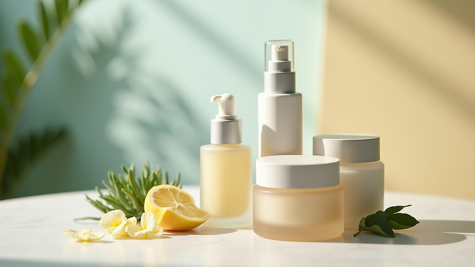 Eye-level view of a collection of skincare products with soothing ingredients