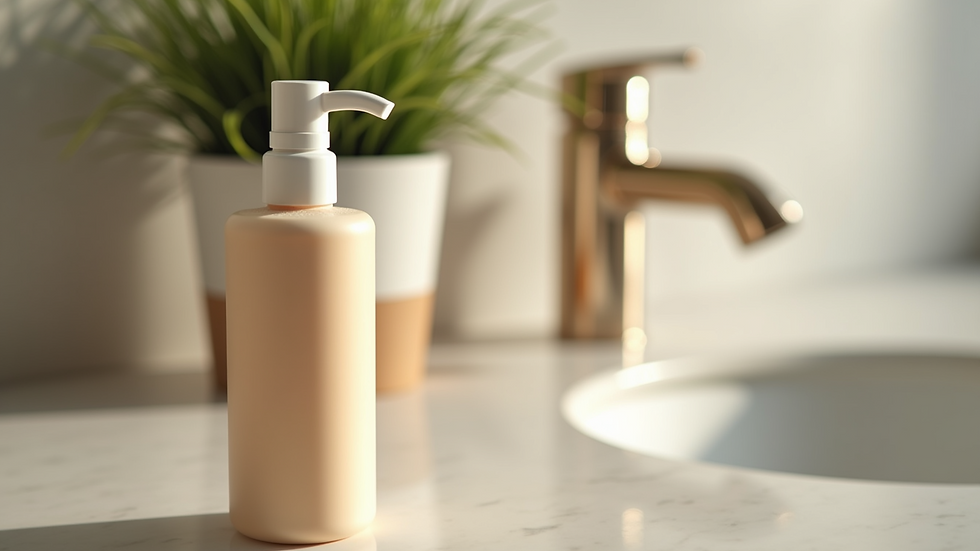 Eye-level view of a bottle of leave-in conditioner on a bathroom counter