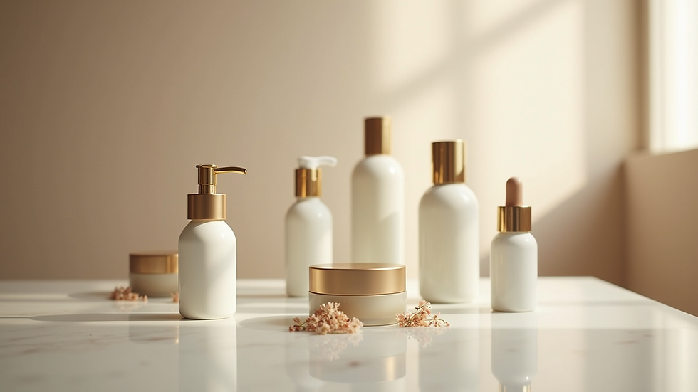 Eye-level view of a serene bathroom setting with skincare products