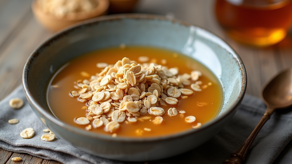 High angle view of a bowl filled with honey and oatmeal ingredients