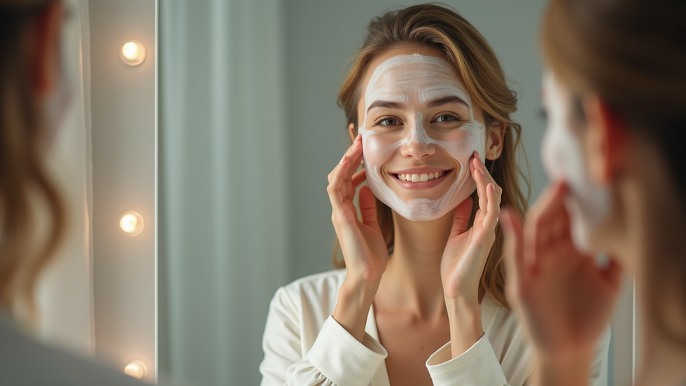 Eye-level view of a person applying a hair treatment in a bathroom