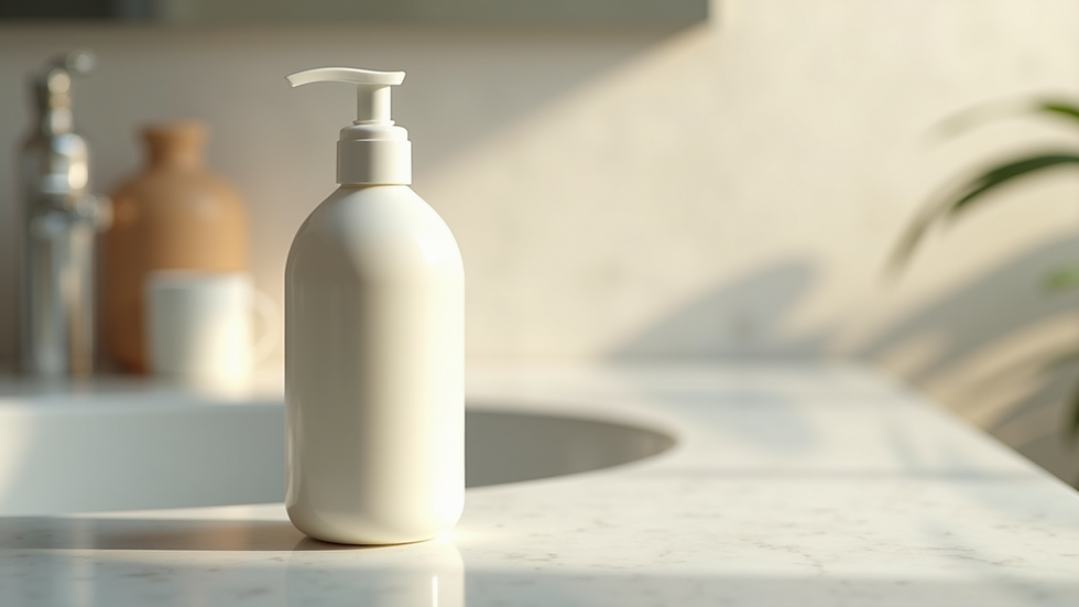 Close-up view of a bottle of cleansing milk on a bathroom counter
