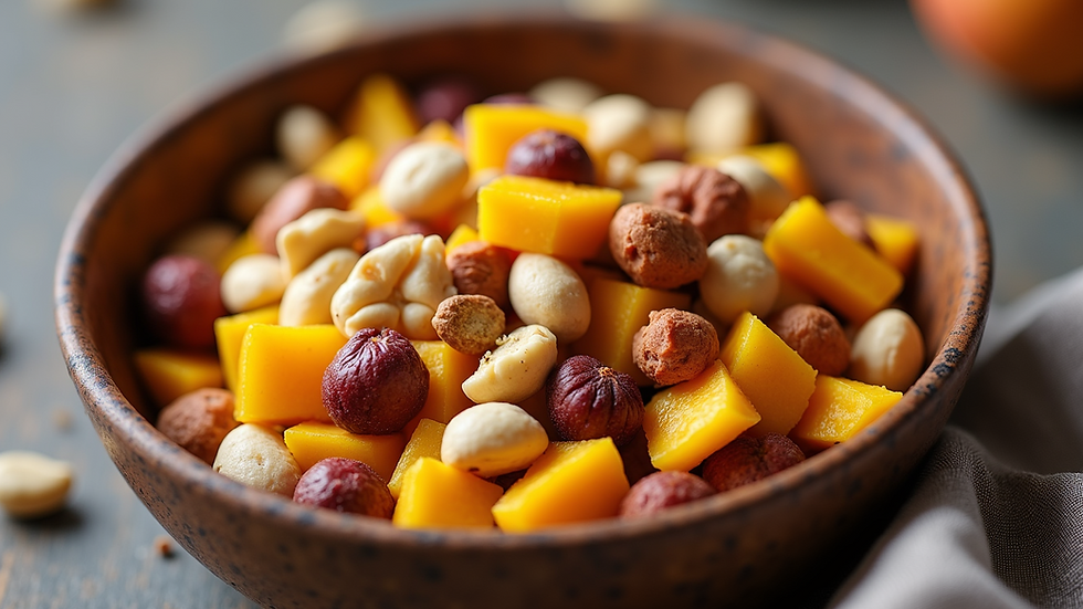 Close-up view of a colorful trail mix with dried mango and nuts