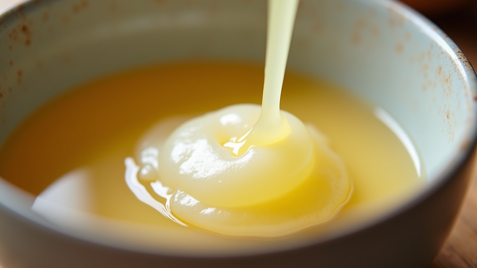 Close-up view of melted shea butter and coconut oil mixture