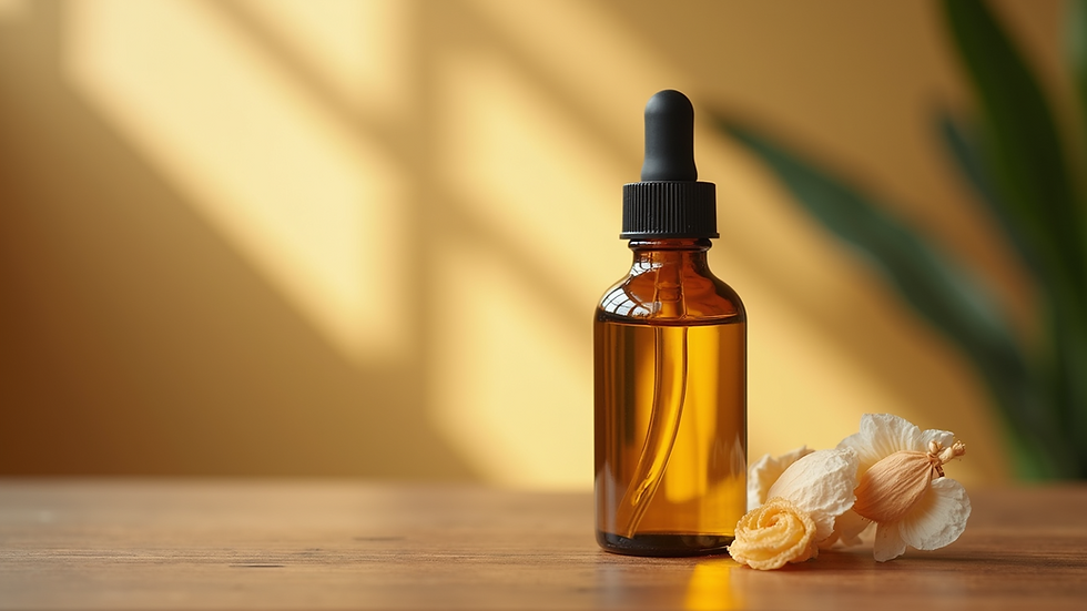 Close-up view of a bottle of Vitamin E oil on a wooden surface