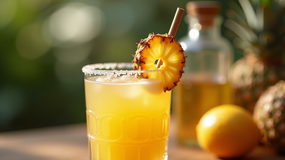 Eye-level view of a tropical cocktail garnished with a dried pineapple ring