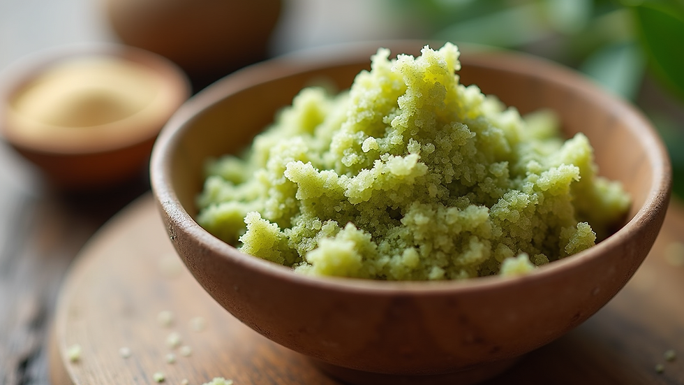 Close-up view of a bowl filled with matcha sea salt and honey body scrub