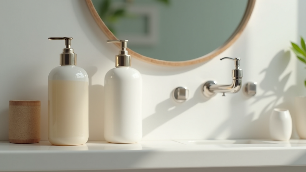 Close-up view of a gentle cleanser bottle on a bathroom shelf