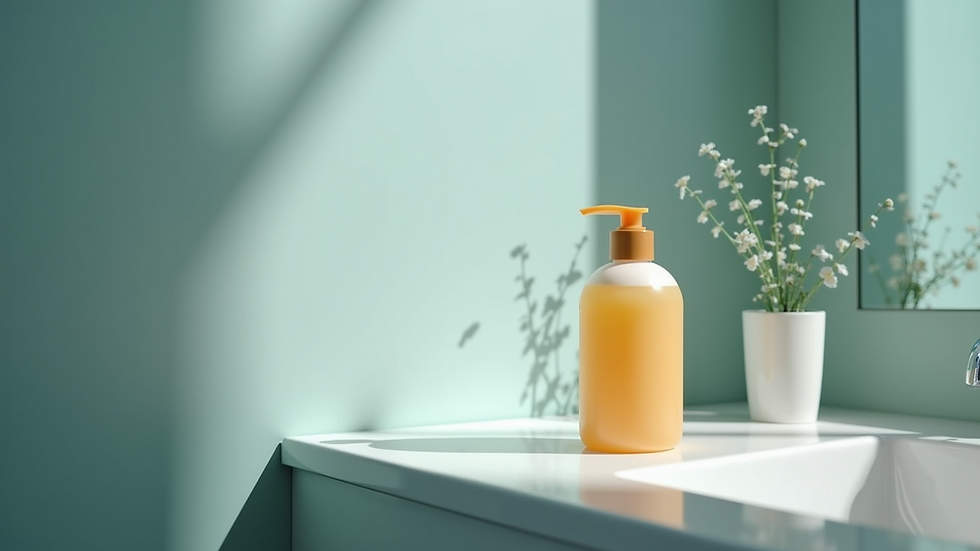Close-up view of a bottle of swimmer's shampoo on a bathroom shelf