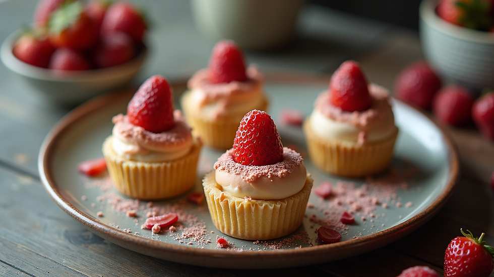 High angle view of a dessert platter featuring various treats topped with dried strawberries