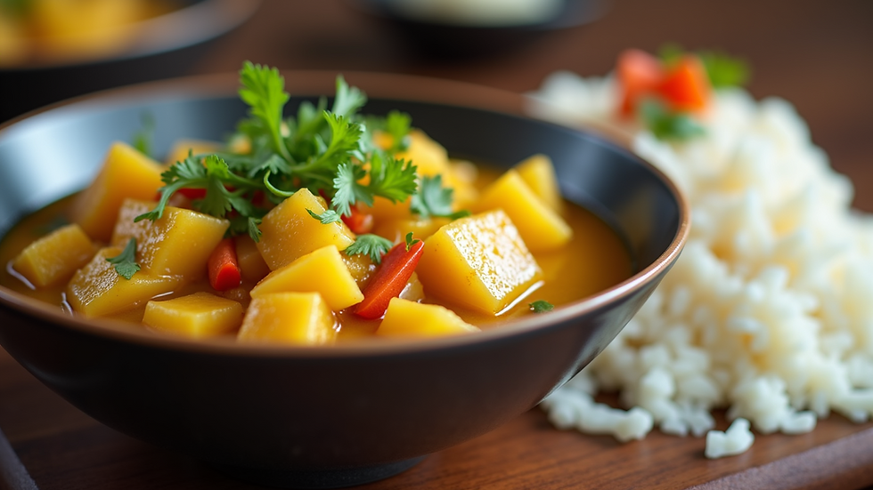 High angle view of a bowl of pineapple curry served with rice