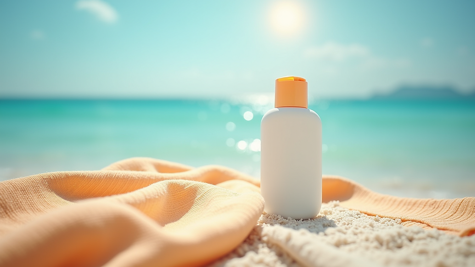 Eye-level view of a bottle of sunscreen on a beach towel with a sunny background