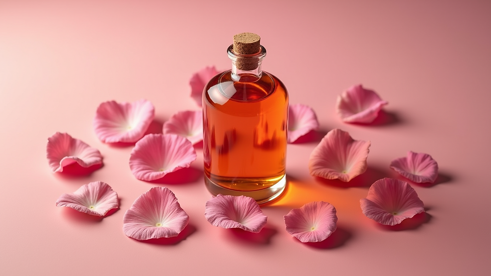 High angle view of a bottle of rosehip oil with rose petals scattered around