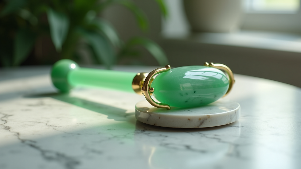 Eye-level view of a jade roller and gua sha stone on a marble surface