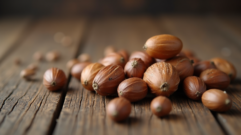 Eye-level view of shea nuts on a wooden table