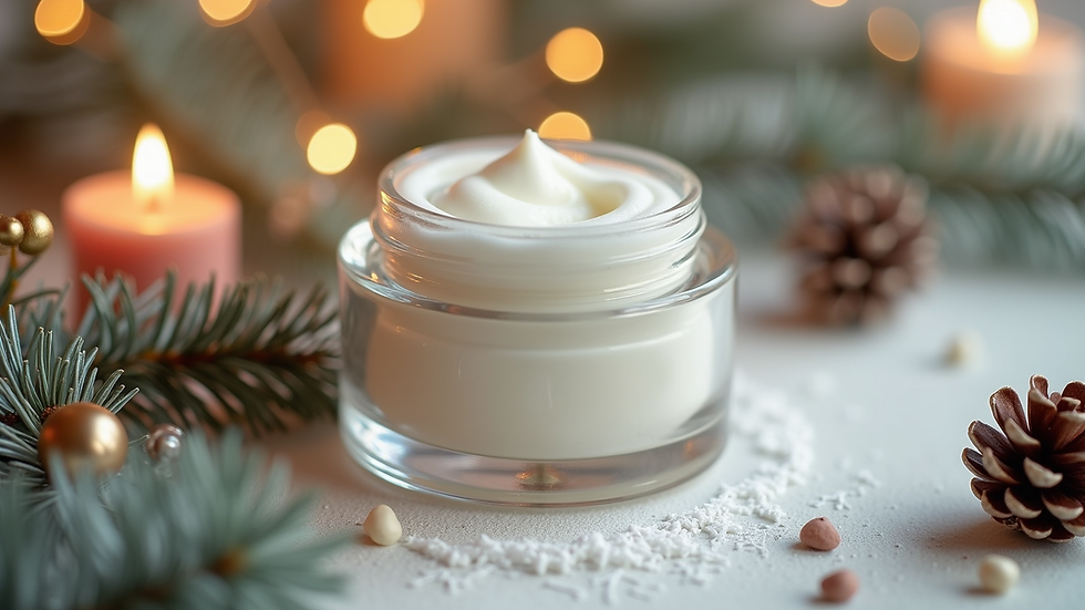 Close-up view of a jar of rich moisturizer surrounded by winter-themed decor
