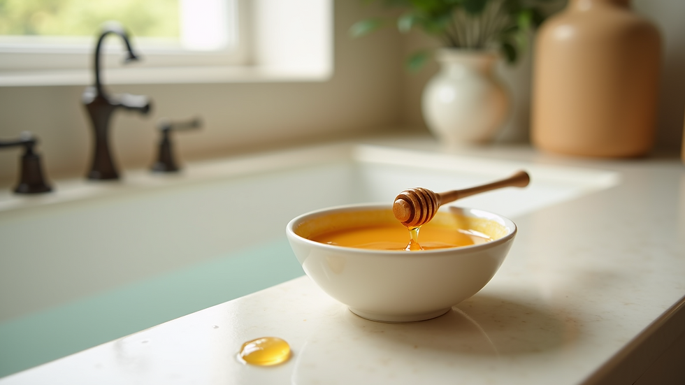 Eye-level view of a bowl filled with a honey body mask
