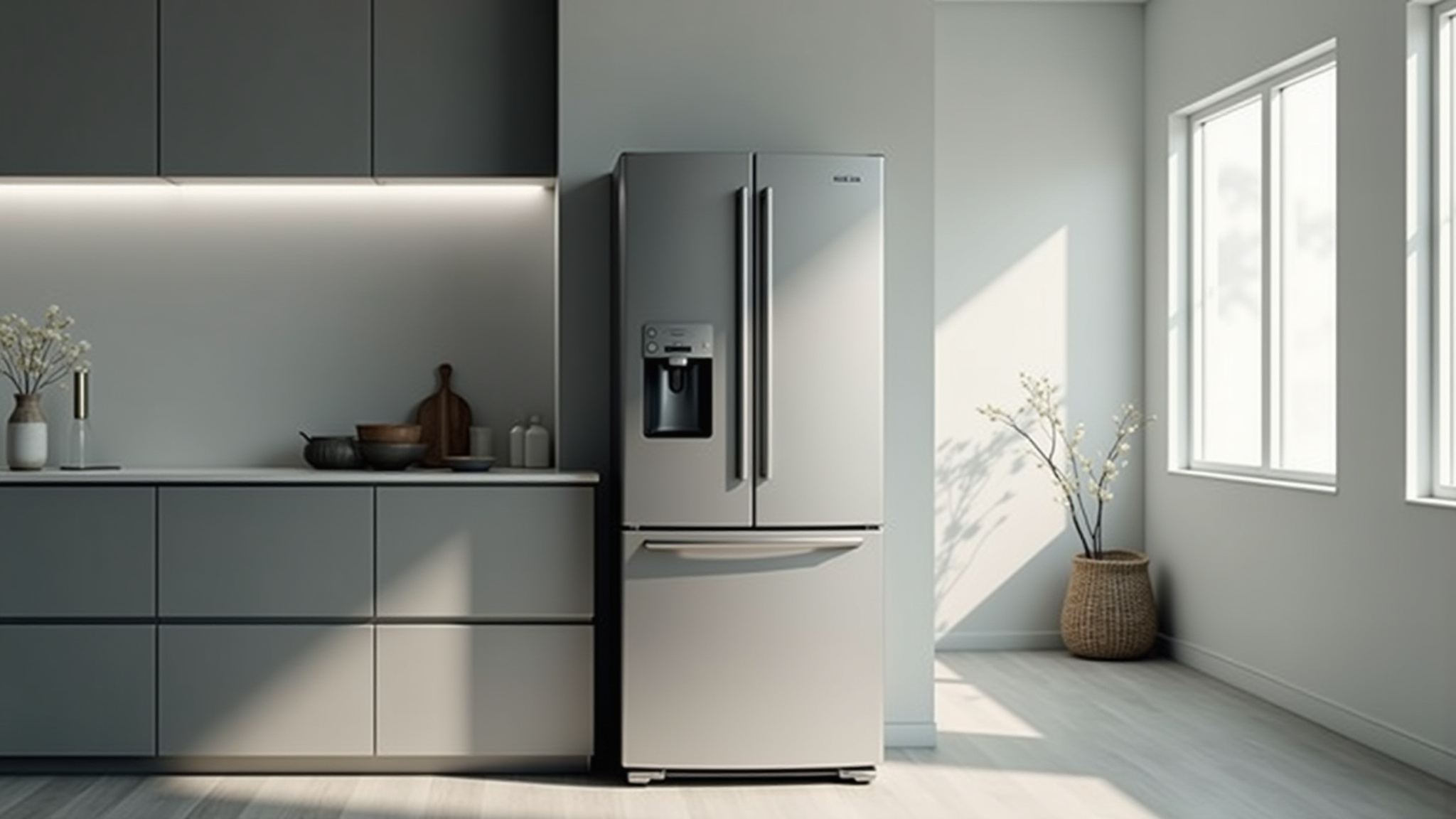 Stainless steel refrigerator in modern kitchen interior with cabinetry and appliances Rc.