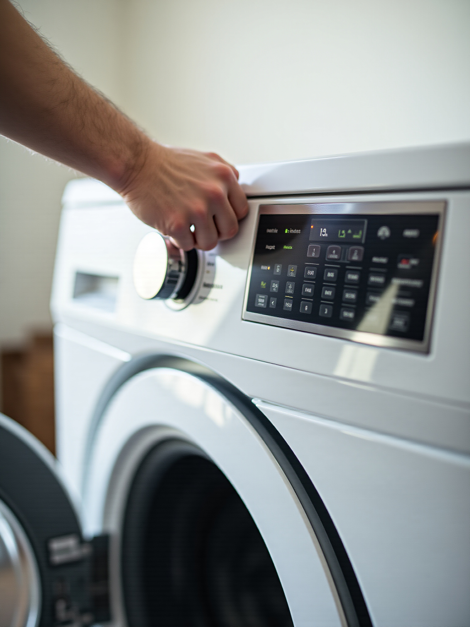 Hand adjusts the washing machine dial, appliance Rc, with digital display