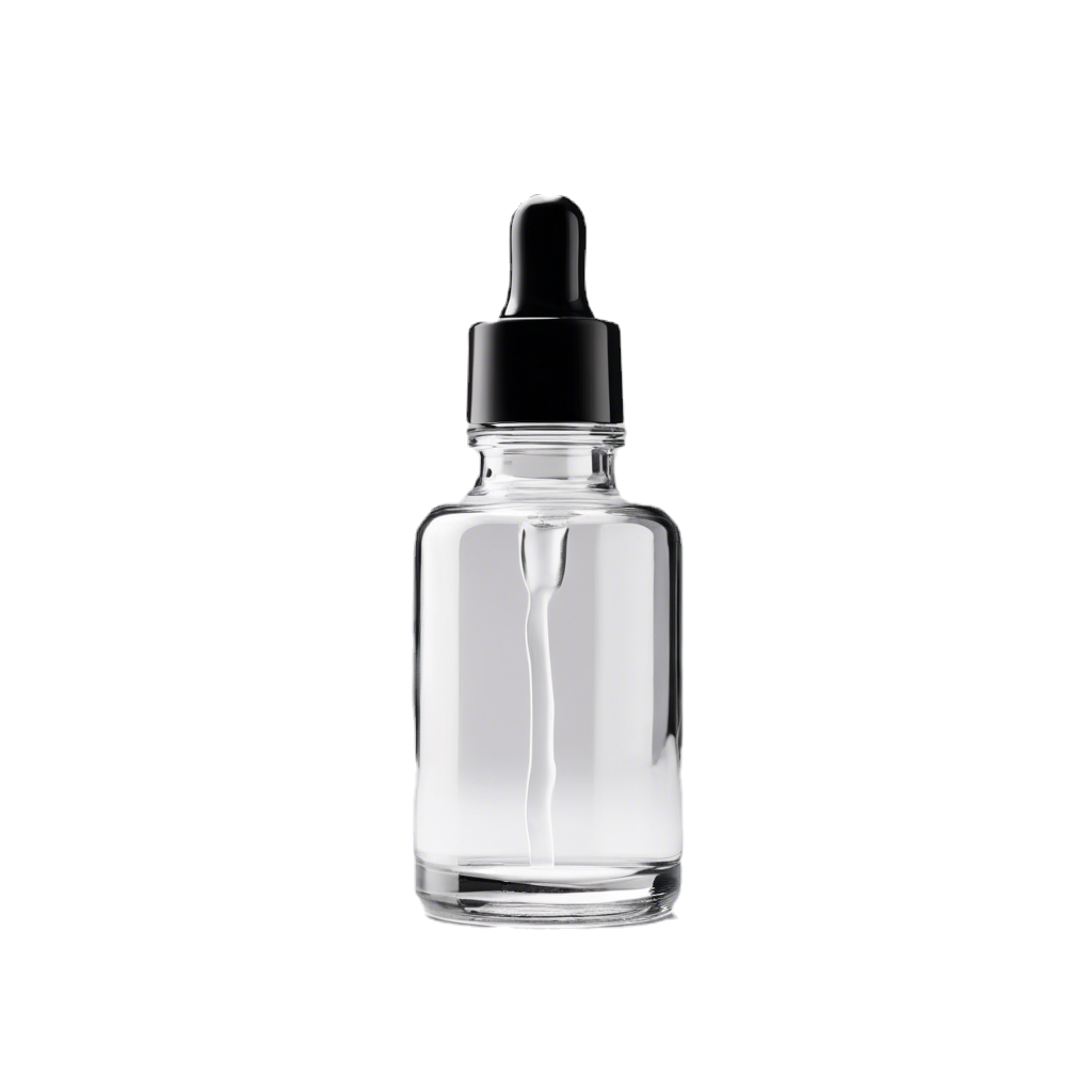 single clear glass dropper bottle in the middle of white space.png