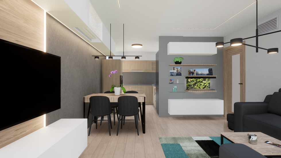 Obývací pokoj - podsvícená TV - jídelní stůl u stěny - lamino obklad na stěně - klimatizace v obýváku