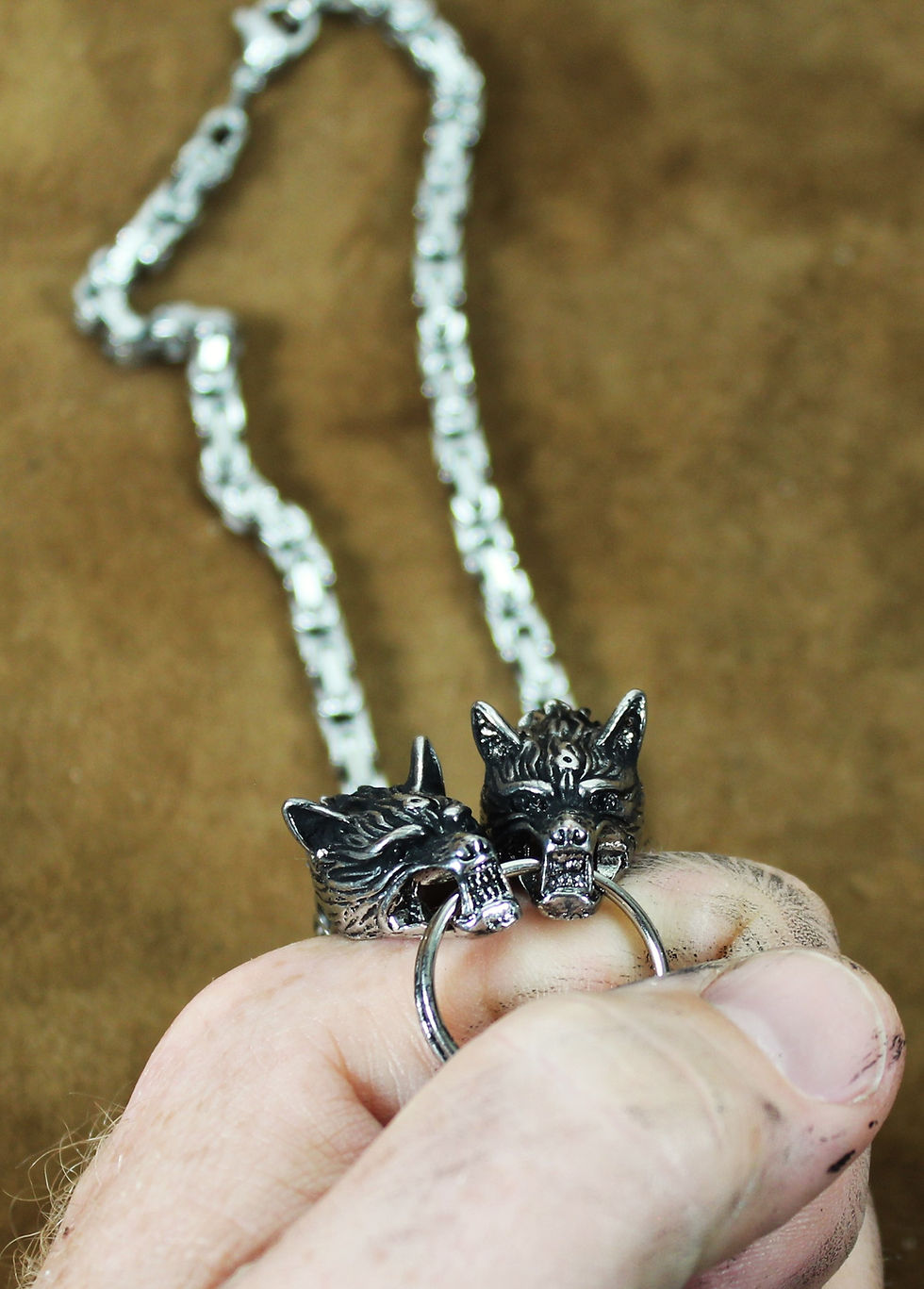Thumbnail: Deluxe Valknut necklace, wolf's head terminals, stainless steel