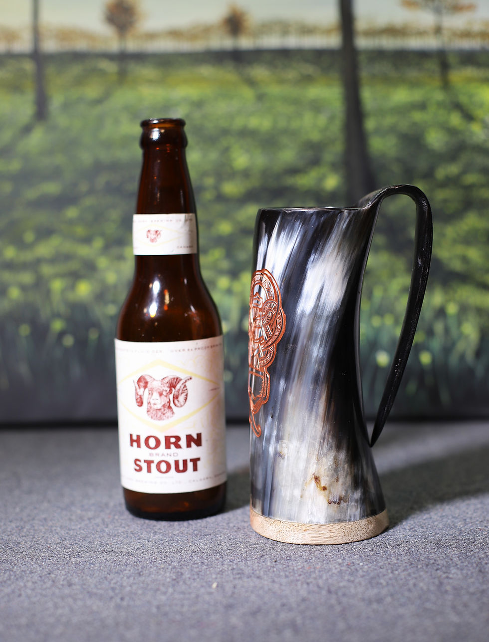 Thumbnail: Carved drinking horn mug, Thor's hammer and world serpent motif