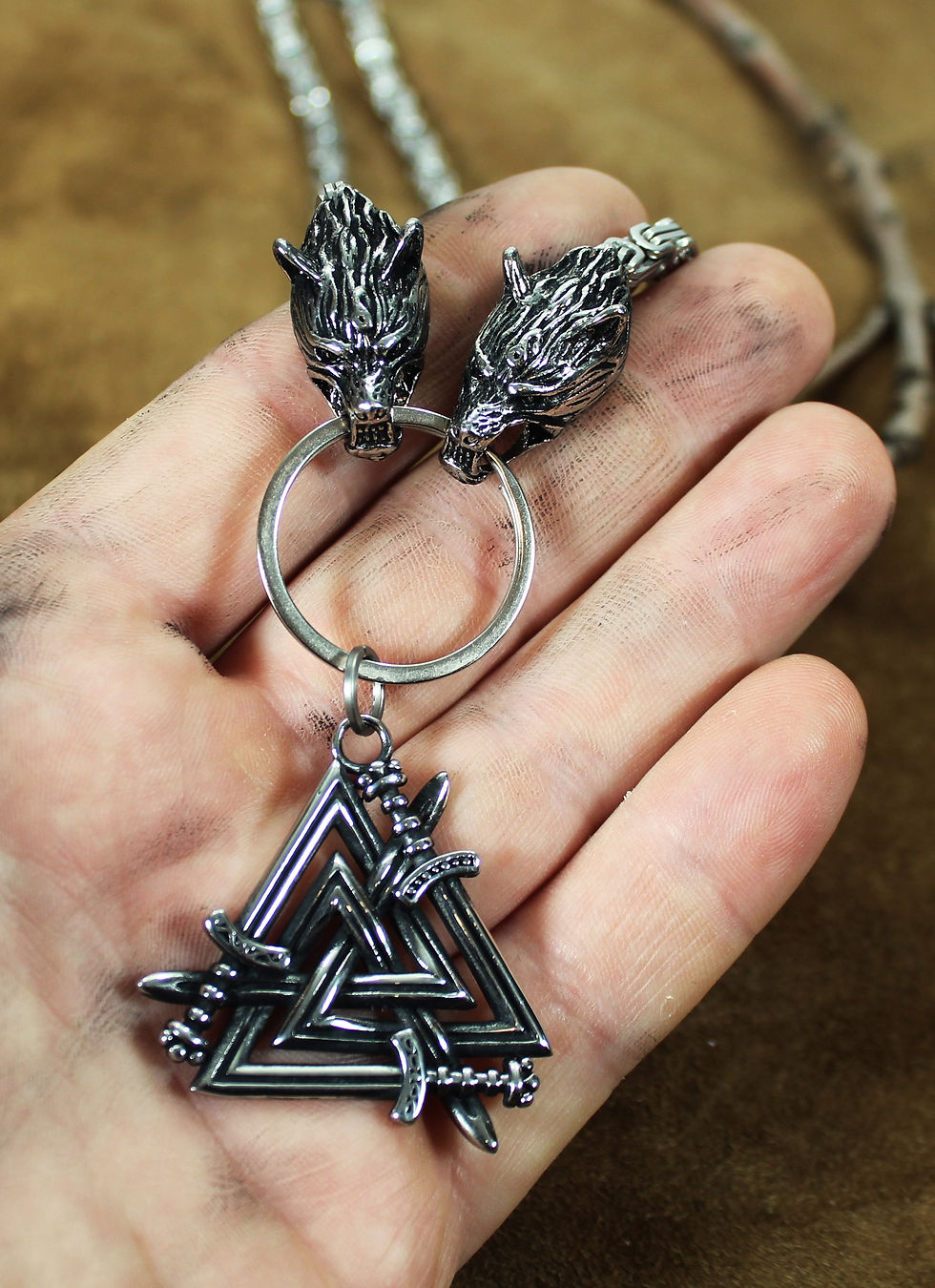 Thumbnail: Deluxe Valknut necklace, wolf's head terminals, stainless steel