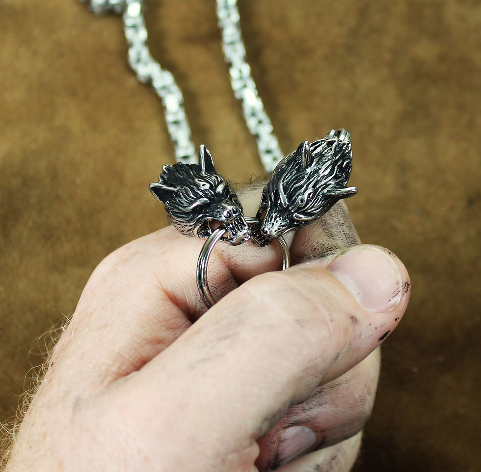 Thumbnail: Deluxe Valknut necklace, wolf's head terminals, stainless steel