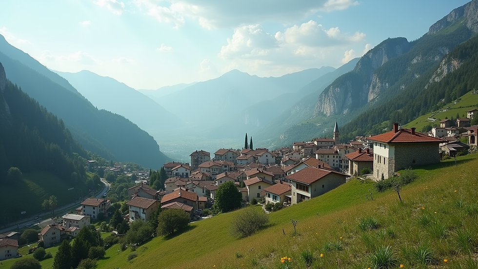 Wide angle view of the village of Predazzo with mountains in the background