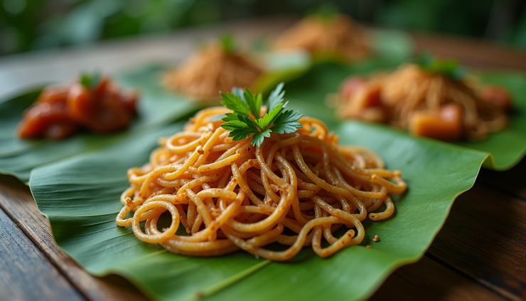 Close-up view of a traditional Karnataka meal served on a banana leaf at the resort