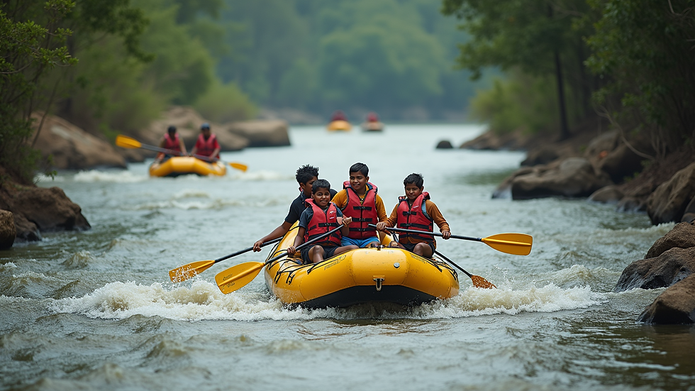 High angle view of a family enjoying river rafting in Dandeli