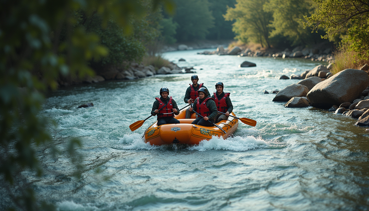 High angle view of students enjoying white-water rafting on a river in Dandeli